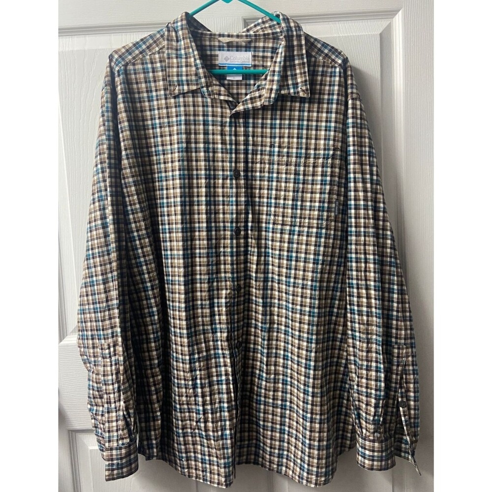 Columbia Button Down Shirt Mens XL Blue Brown Check Hiking Cotton Long Sleeve